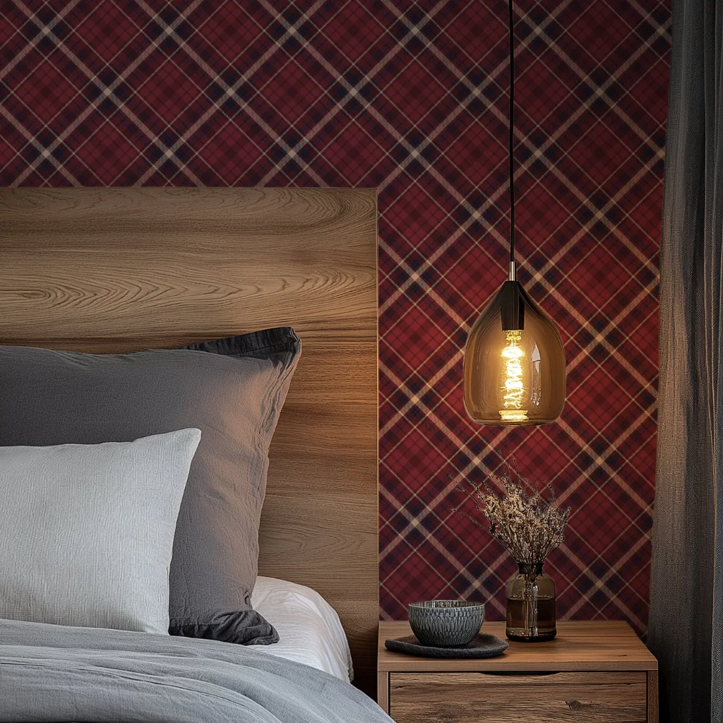 Mockup wallpaper of Oxford Tartan, Heritage Plaid – Warm Oxford Check in Burgundy and Navy