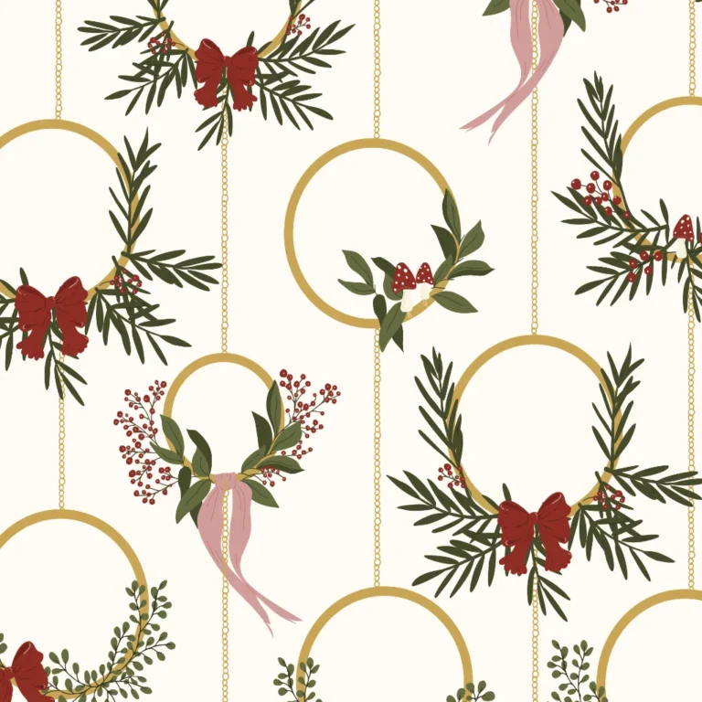 Golden Evergreen Wreaths / Classic Holiday Botanical Patter