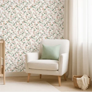 Honeysuckle floral wallpaper in terracotta, blush and sage tones with chair – modern botanical interior from the Flow Collection by Eldy Pattern Design.