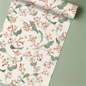 Honeysuckle floral wallpaper in terracotta, blush and sage tones on green background– flatly from the Flow Collection by Eldy Pattern Design.